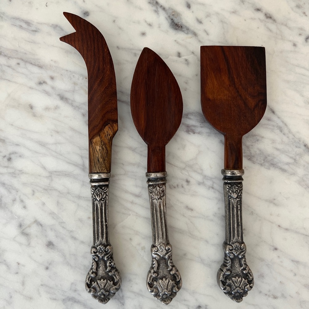 Anthropologie Cheese Knife Set 3 hardwood silver handle knives